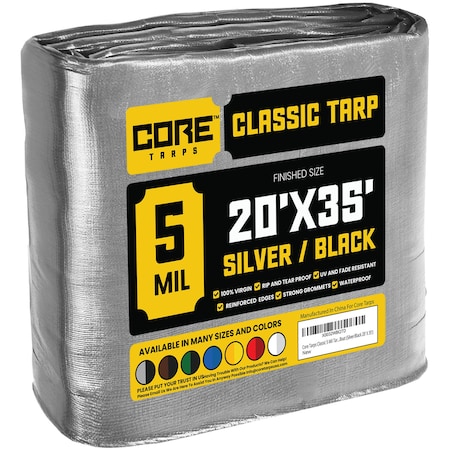 Core Tarps Heavy Duty Tarp, 35 ft L x 0.5 mm H x 20 ft W, 5 Mil, Silver/Black, Polyethylene CT-501-20X35